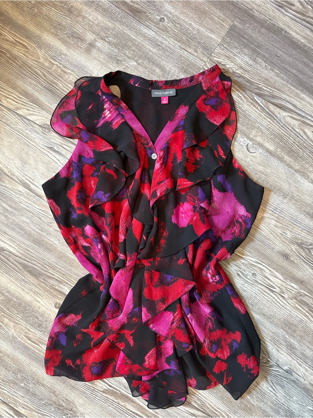 Vince Camuto Black Blouse with Red & Pink Abstract Ruffle